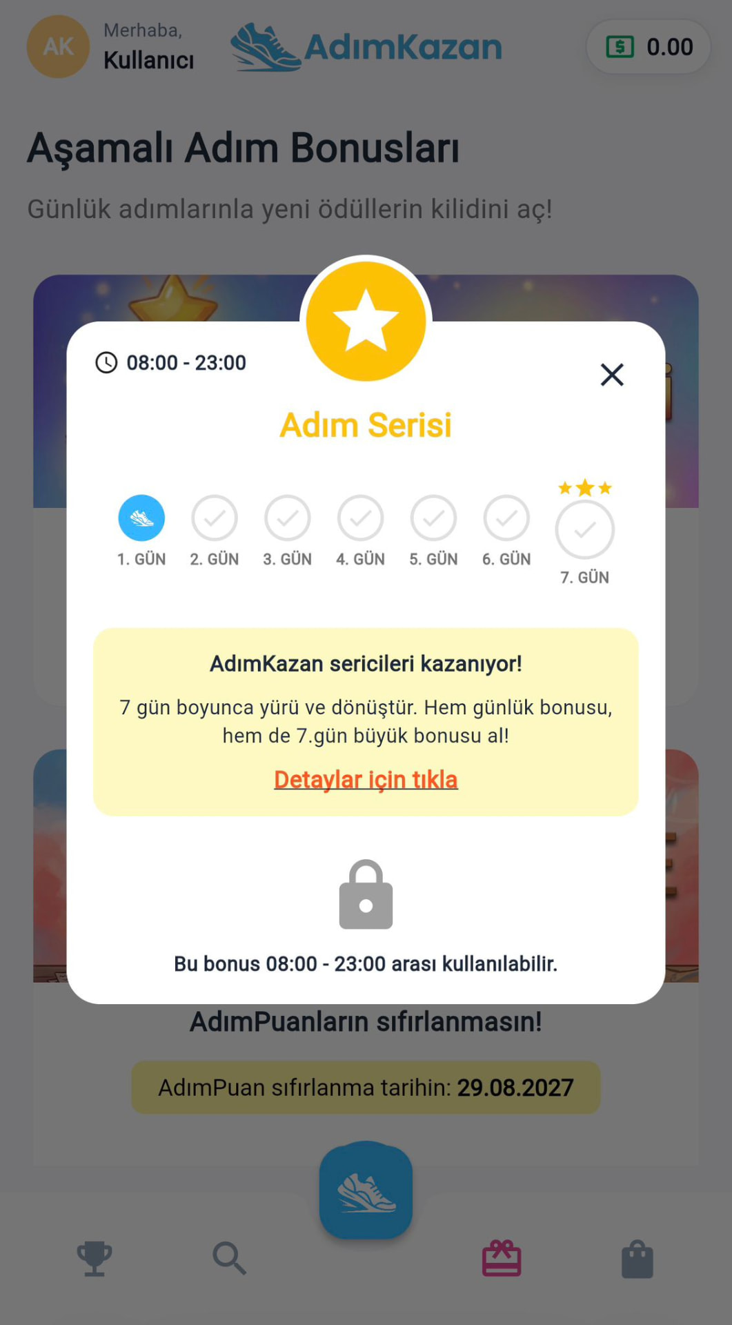 AdımKazan adım serisi bonus ekranı ve 7 günlük seri takibi