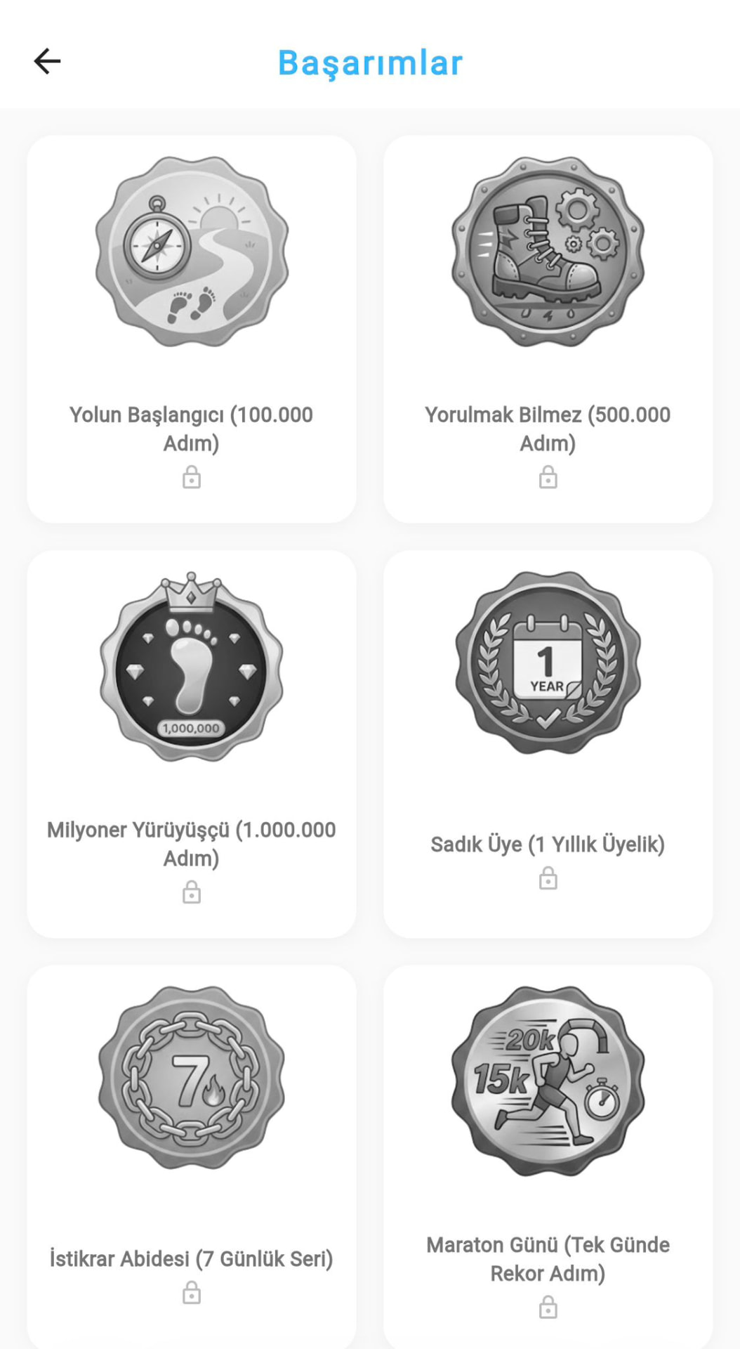 AdımKazan başarımlar ekranı ve rozetler